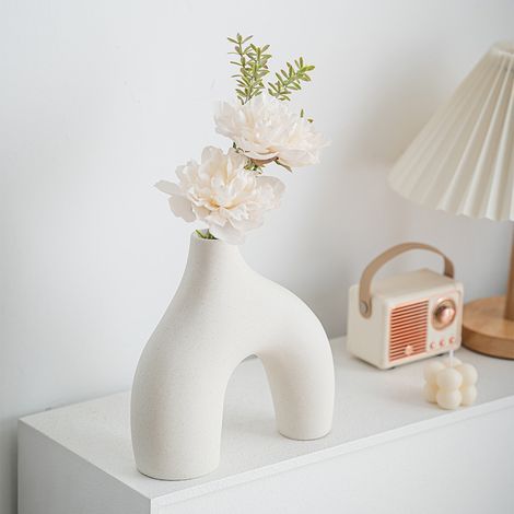 Keramikvase mit geschwungener, unregelmäßiger Form – Minimalistische, geometrische Vase im Bohème-Stil – Tischdekoration im Wabi-Sabi-Stil – Öffnungsdurchmesser: 2,7 cm – Maße: 19,5 cm (L) x 19 cm (B) (1/5)