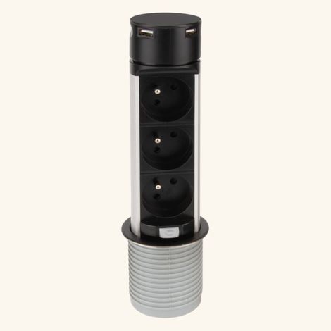Cuisissimo – Multiprise rétractable 3 prises + 2 USB-A – Finition noire mate – Idéale pour espaces de travail modernes – Charge rapide et discrète