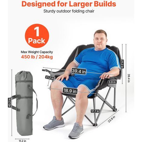 Chaise pliante extérieur XL 204 kg capacité renforcée, rembourrée avec porte-gobelets et porte-verres, sac transport pêche camping noir gris, 1 pièce (1/5)