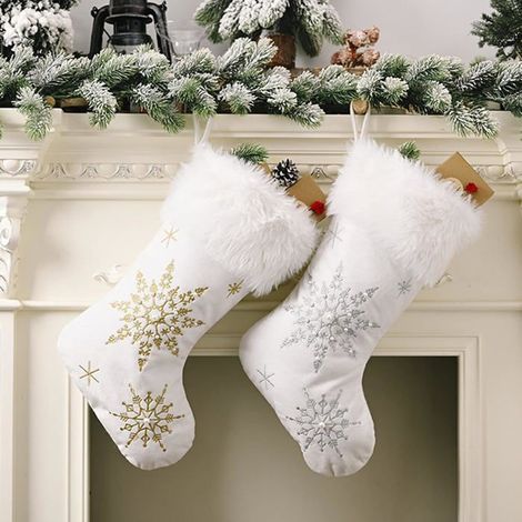 Lot de 2 grandes chaussettes de Noël en peluche à remplir et à suspendre pour cheminée, vitrine, sapin de Noël (50 x 25 x 27 cm) (1/4)