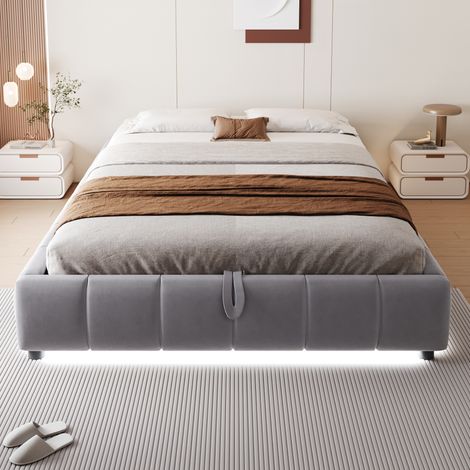 Lit matelassé pour adulte 140 x 200 cm, sans tête de lit, avec bande LED (monochrome), sommier à suspension hydraulique,gris (1/5)