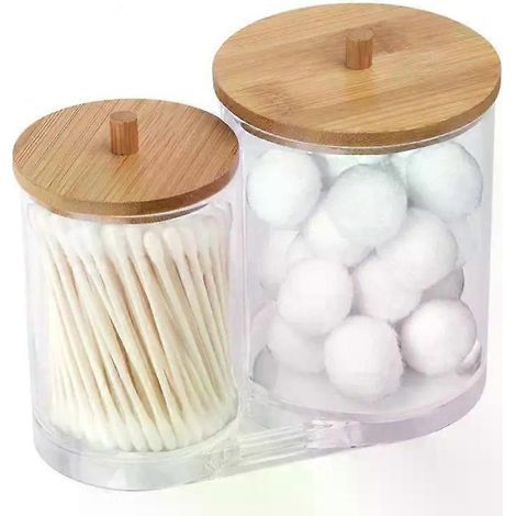 HONORNIC - Boîte de rangement en acrylique pour salle de bain, pot de maquillage, organisateur de maquillage, porte-disques de coton, boîte à cotons-tiges avec couvercle en bambou. (1/5)