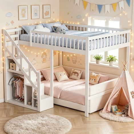JOOKGBD-Lit superposé Enfant 140x200cm,lit Mezzanine 2 Places avec escaliers,lit cabane Enfants avec Multifonction casiers,Rampe Stable,Cadre de Lit Double pour Adolescents,Protection Anti-Chute,Blanc (1/5)