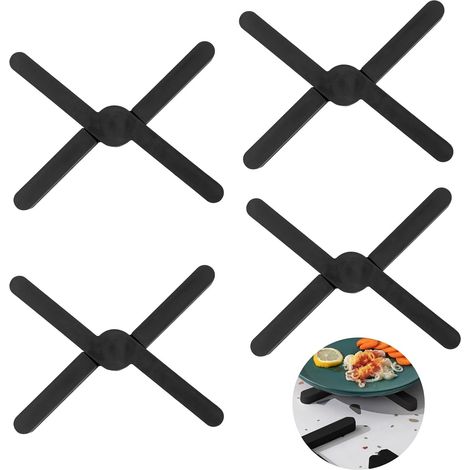 Lot de 4 dessous de plat pliables en silicone - Protection contre la chaleur - Antidérapants - Résistants à la chaleur jusqu'à 200 °C - Pour casseroles, poêles chaudes, bols (noir) (1/5)