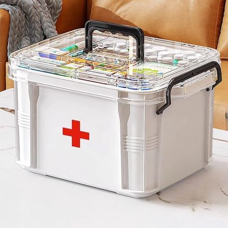 Scatola porta medicinali, organizer per medicinali domestici, kit di pronto soccorso, scatola porta medicinali a doppio strato con scomparti multipli, scatola porta medicinali portatile con coperchio, (1/4)