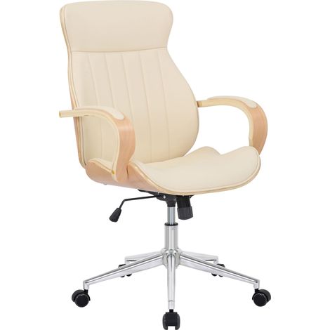 Fauteuil de bureau avec roulettes synthétique crème et bois clair hauteur réglable BUR10465 (1/5)