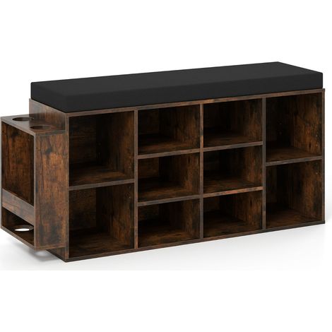 Banc organiseur de chaussures avec porte-parapluie 30 x 110 x 52,5 cm assise rembourrée design rustique en bois marron