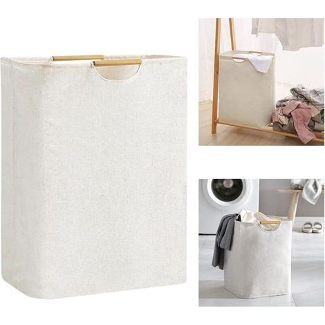Foldable laundry basket in beige Oxford fabric, 56x40x27 cm – Large capacity with wooden handles – For bedroom, living room, bathroom (1/5)