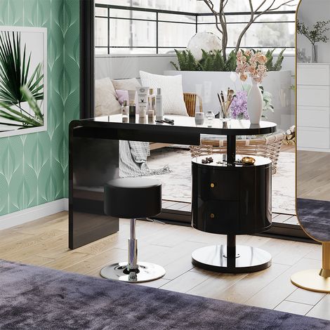 Coiffeuse Lara, Noir Haute brillance, 120cm avec tabouret, Vicco