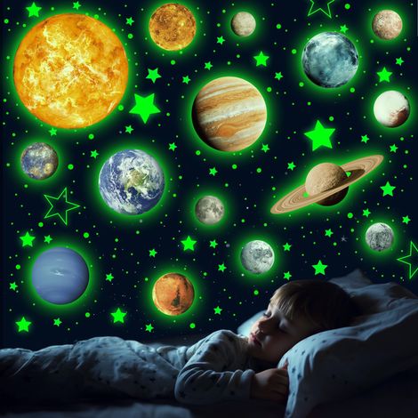 Stickers muraux phosphorescents Système solaire, 780 pièces Planètes et étoiles adhésives pour plafond et chambre, décoration de chambre d'enfant, vert. (1/5)