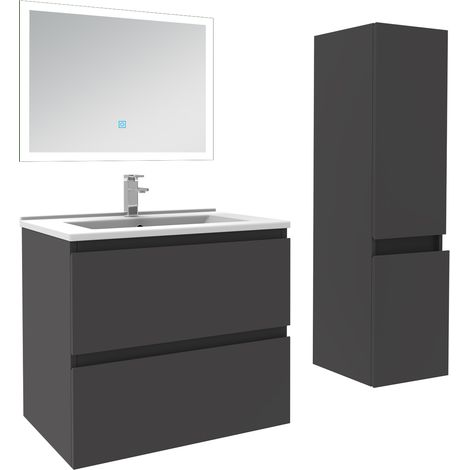 Ensemble meuble de salle de bain 60cm, vasque céramique + colonne + miroir lumineux, anthracite