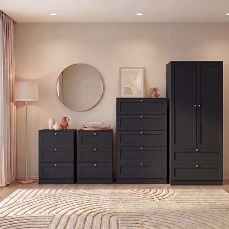 Altino 4 Piece Bedroom Set with 3 Drawer Bedside, Set of 2, 5 Drawer Chest, 2 Door 2 Drawer Wardrobe, Black (1/4)