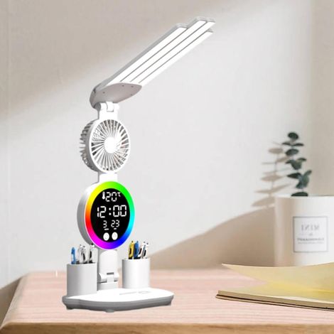 Lampe de lecture intelligente avec 4 têtes LED, horloge, veilleuse, porte-stylo, fonction de chargement USB et ventilateur. (1/4)