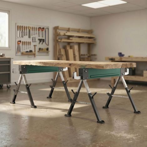 Ensemble de 2 tréteaux métalliques pliables, charge maximale 1160 kg, hauteur réglable de 64 à 81 cm, poignée de transport, vert (1/5)