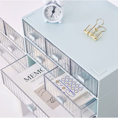 Rangee Bureau Organisateur Imperméable Anti-Poussière Plastique DIY Combinable Empilable Multi-Étages Casier Tiroir Rayé Bleu 2 Tiroirs (1/2)