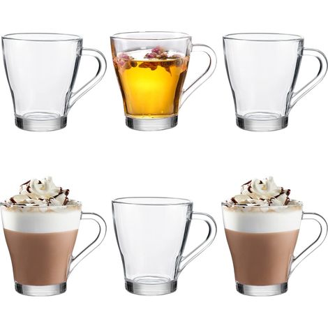 Ensemble de 6 tasses à thé et à café en verre de 260 ml. Compatible lave-vaisselle, congélateur et micro-ondes. (1/5)