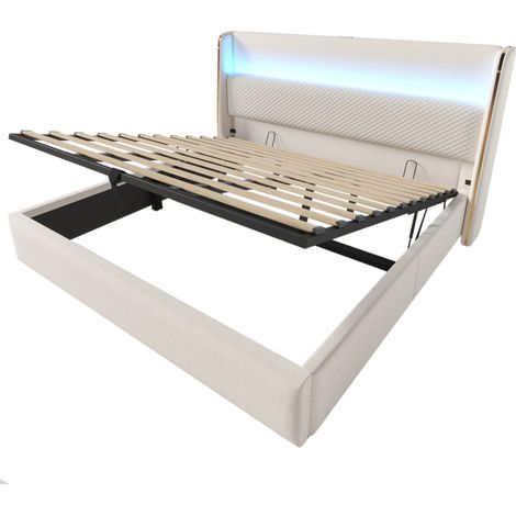 Letto contenitore idraulico 180x200 cm in lino beige con testiera alta LED e porte USB-C (1/5)