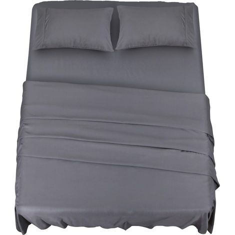 Polyester Microfibre Ensemble de Draps (4 pièces, Gris) - 1 Drap Housse 150x200cm, 1 Drap Plat 228x259cm et 2 Taies d'oreiller 50x75cm (1/5)