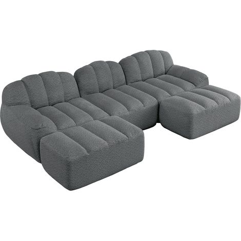 Divano modulare a U 3 posti con 2 pouf grigio in tessuto e schiuma 32D (1/5)