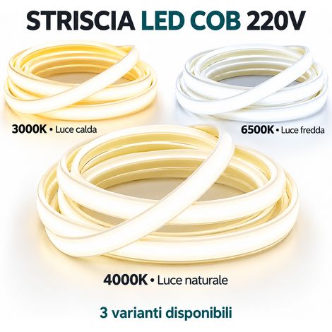 Striscia LED COB 220V Alta Luminosità 432 LED/m IP65 Impermeabile 15W/Metro 3000K 1