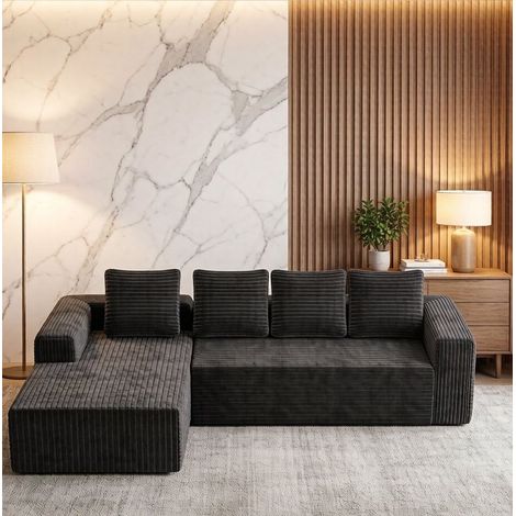 Canapé d’angle modulable gris en velours côtelé, méridienne réversible, sans montage (1/5)