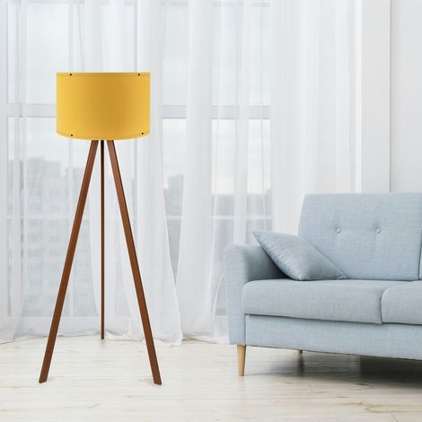 Lampadaire trépied effet bois noyer, abat-jour jaune KILIS (1/3)