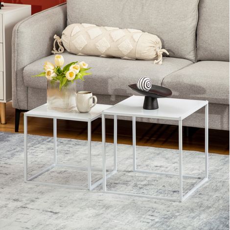 Set de 2 mesas de centro 40x40x40 cm y 35x35x35 cm blancas de acero con diseño apilable (1/5)
