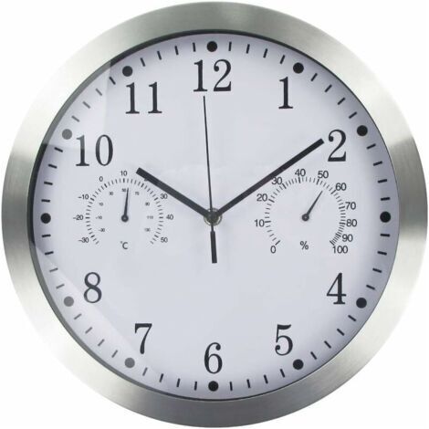 Horloge murale ronde à quartz, horloge murale intérieure silencieuse en aluminium avec thermomètre et hygromètre pour salon, cuisine, bureau (blanc) (1/4)