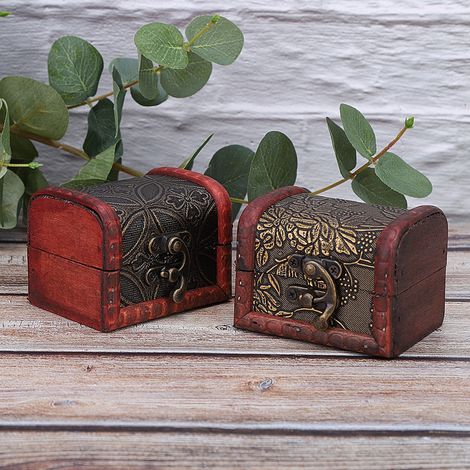Lot de 2 mini boîtes de rangement artisanales en bois, style vintage, pour bijoux. (1/5)