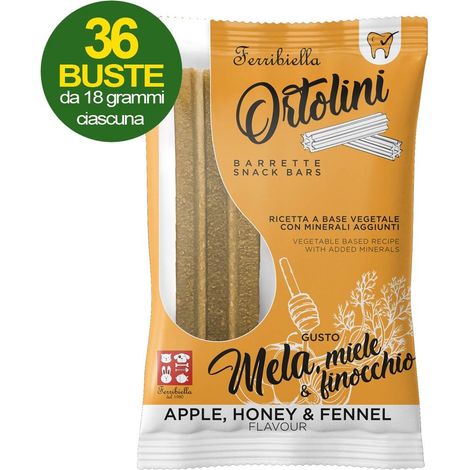 Snack Bars pour chiens Ortolini goût pomme, miel et fenouil 36 mini pack de 2 pièces chacun