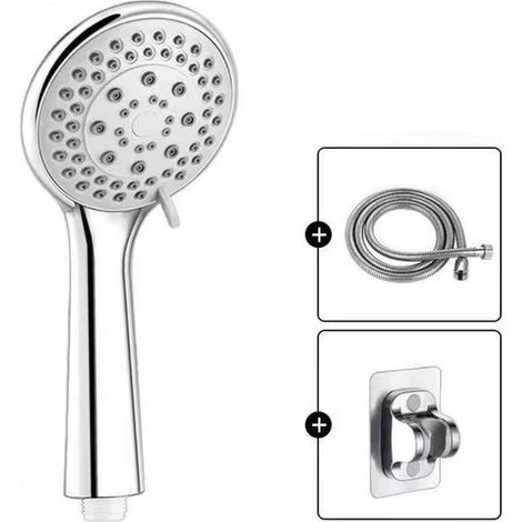 Cabezal de ducha de mano presurizado de cinco modos con manguera de acero inoxidable de 1,5 m y base sin perforaciones