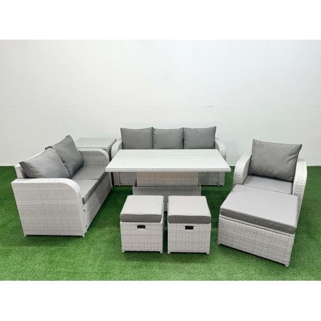 Fimous Patio PE Wicker 9 Seater Outdoor Rattan Furniture Sofa Sets with Adjustable Lifting Dining or Coffee Table Reclining Chair Loveseat Sofa 3 Seater Sofa Stool Side Table Light Grey (1/5)