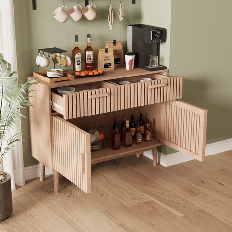 Buffet de rangement 100×35×80 cm,2 tiroirs,2 portes,anti-inclinaison,Buffet Scandinave pour salon,entrée,salle à manger,Bois naturel