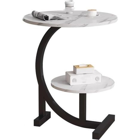 Table d'appoint à deux niveaux, petite table basse moderne avec plateau imitation marbre et pieds en forme de C, table d'appoint ronde avec plateau imitation marbre et structure en métal (1/4)