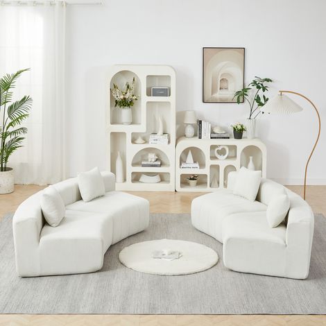 Canapé modulaire 4 places en tissu chenille, composition semi-circulaire, beige, 2 coussins DESVIAE (1/5)