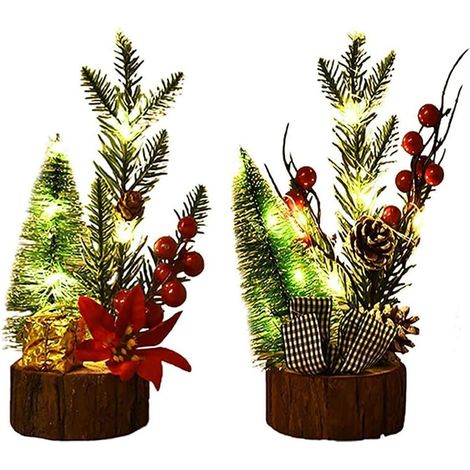 2Pcs Mini Sapin de Noël lumières Base en Bois pour Table et Décoration de Fête de Noël (1/5)