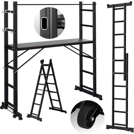 Jiubiaz Arbeitsgerüst Alu Mehrzweckleiter 2x6 Stufen Multifunktionsleiter A-Rahmenleiter Multigerüst Baugerüst bis 150kg,Schwarz