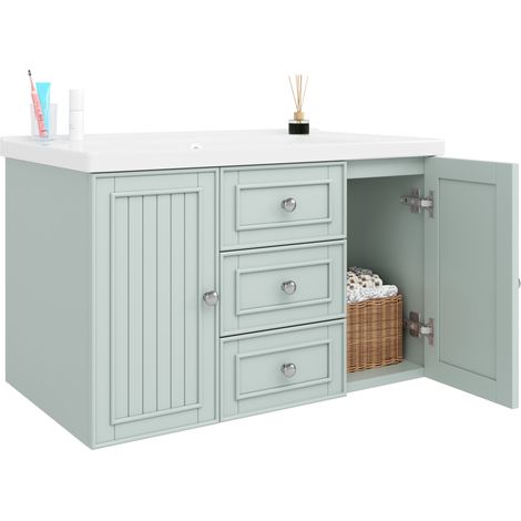 Mobile lavabo bagno sospeso con lavabo in ceramica, 3 cassetti, verde, 78,5 x 46 x 46,8 cm, MODENUIT (1/5)