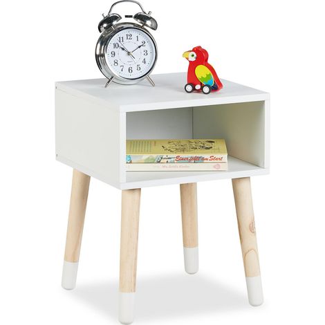Table de Chevet, pour l'enfant, Case Pratique, Bois de pin et MDF, 4 Pieds, 40x30x30 cm, Blanc et Nature (1/5)