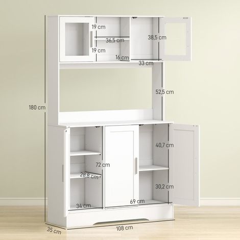 Meuble de cuisine scandinave blanc, 4 portes vitrées, étagères ajustables, plan ouvert, panneaux MDF et particules, rangement pratique pour salle à manger. (1/5)