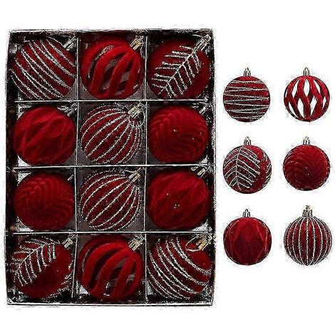 Boules de Noël rouges floquées et peintes, décoration pour sapin de Noël, 12 boules à suspendre de 6 cm en flanelle (1/4)