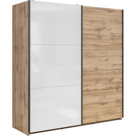 Armoire placard à 2 portes coulissantes coloris Blanc/Chêne wotan - Longueur 183 x Profondeur 60 x Hauteur 195,5 cm