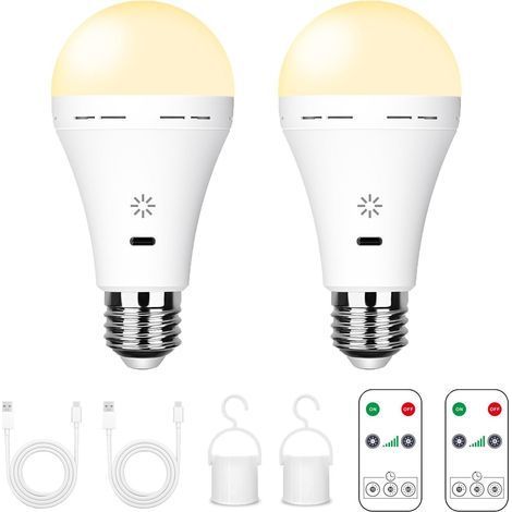 Rechargeable LED Bulbs - 7W E27 with Remote Control and Touch Dimmer, Emergency Camping Light (Warm White), Pack of 2 - FD (1/5)
