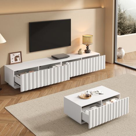 Ensemble salon à design ondulé composé d'un meuble TV et d'une table basse, structure solide et pratique (1/5)