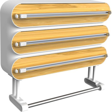 4 en 1 Derouleur Film Alimentaire,Distributeur Film Alimentaire,Distributeur Papier Aluminium et Film-Magnétique et Murale sans Percer (Couleur Bambou) (1/5)