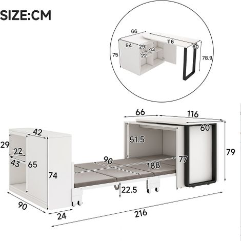 Tableau 2‑en‑1 avec lit escamotable – Cadre et pieds métal, matelas inclus, blanc – Gain de place ingénieux (1/5)