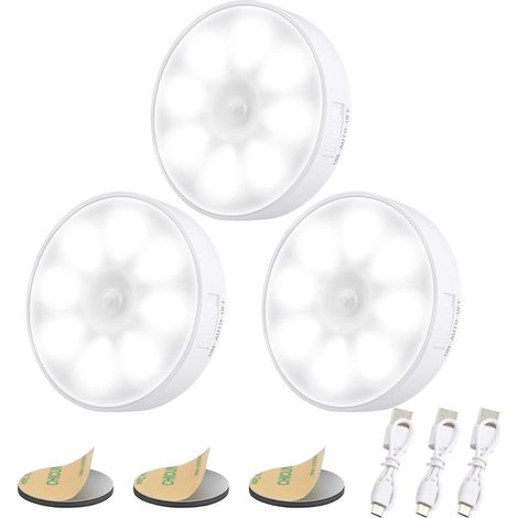 [Pack of 3] USB Rechargeable Automatic LED Night Light,6000K Induction Night Light & 8 LEDs & 400mAh Battery,Motion Sensor Lamp,LED Adhesive Lamp with Magnetic Base [Energy Class A] (1/5)