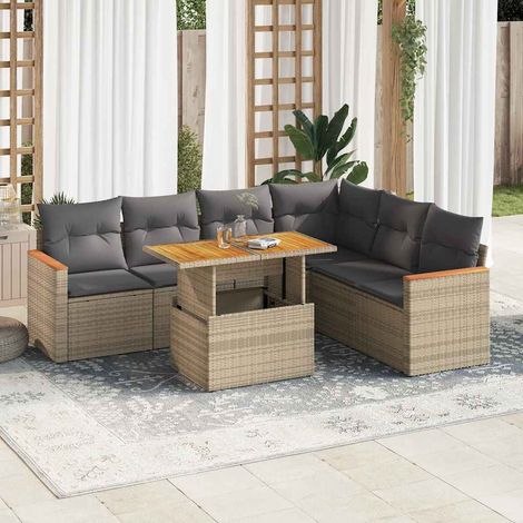 Salon de jardin 7 pièces avec coussins, résine tressée beige et bois d’acacia - PANGIVO (1/5)