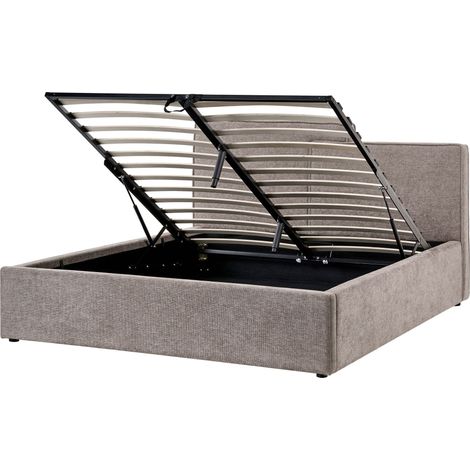 Ottoman Bed Taupe Fabric Upholstery EU King Size Asymetrical Headboard Storage Function Scandi LAGARDE