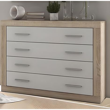 Pegane – Commode enfant 4 tiroirs en panneau mélaminé chêne cambrian et blanc – Dimensions 98 x 39,6 x 81,5 cm – Meuble de rangement moderne (1/3)